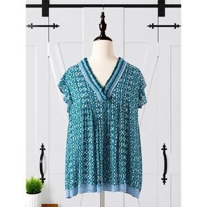 Goa Beachwear by Japna Tunic Cover Up Top Size M Teal Boho Fringe Resortwear